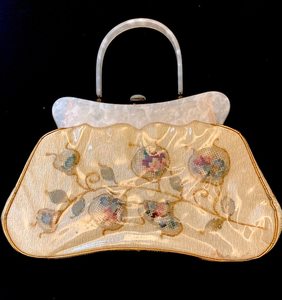 1950's Women's Plastic Coated Tapestry Bag with W