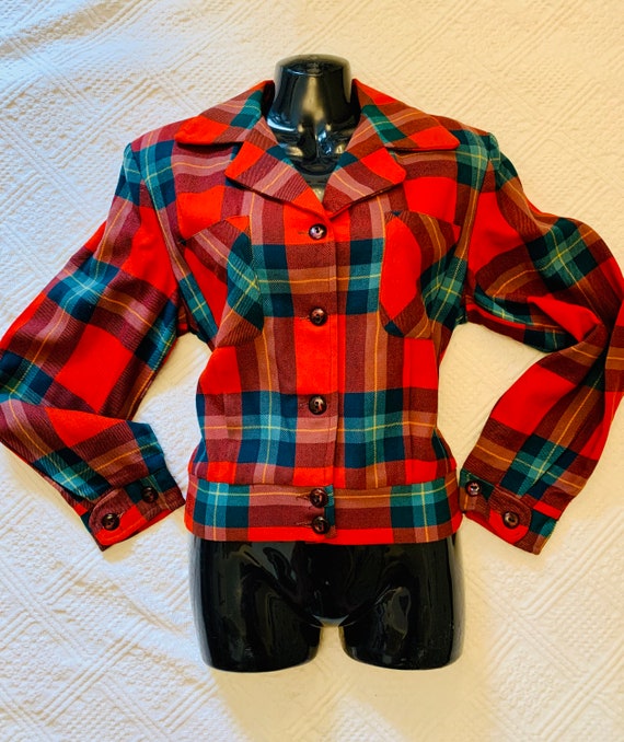 1940's Women's Red Tartan Wollen Cropped Jacket