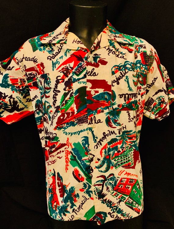 1940's Men's Mexican Cotton Novelty Print Resort S