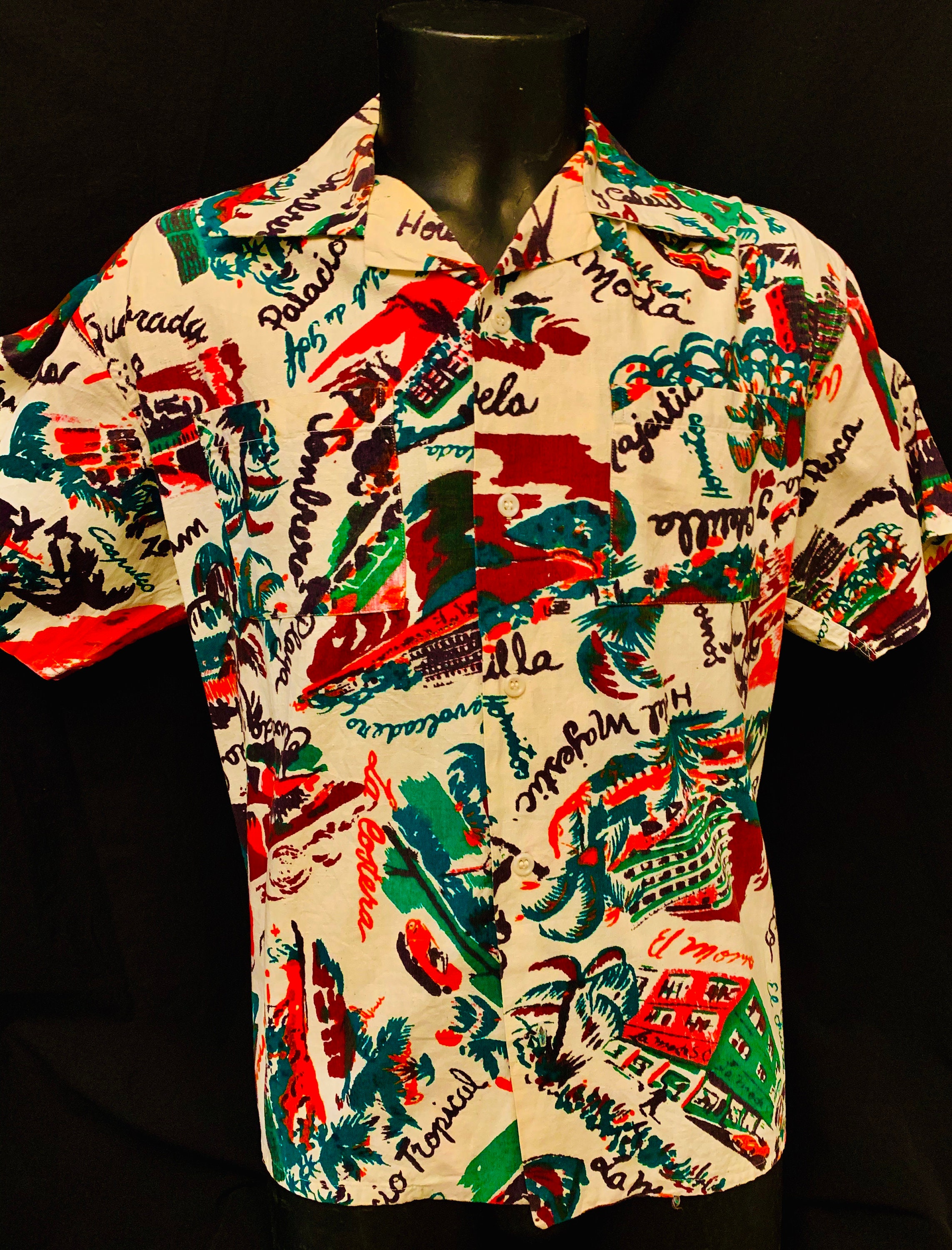 Image of 1940's Men's Mexican Cotton Novelty Print Resort Shirt