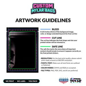 May include: Artwork guidelines for custom mylar bags, featuring a black bag outline with bleed, cut, and safe lines. Includes text on resolution, fonts, color modes, and file types. The image also includes the text "We Print, We Label, You Pack."