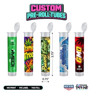 Peut inclure: Cinq tubes pré-roulés en plastique transparent avec couvercles à charnière, chacun présentant des motifs graphiques colorés uniques et du texte incluant 'MEDI VAPERX', 'Flame Tree', 'Pineapple Express', 'Alaskan Thunder Fuck' et 'GMO'. Mesure de 9,53 cm par 1,91 cm.