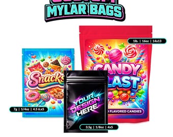 Custom Resealable Mylar Bags with Personalized Stickers Sold Together or Separate | 3.5g, 7g, 1 Pound Bags