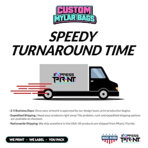 May include: A graphic featuring a black delivery truck with the text "SPEEDY TURNAROUND TIME." The truck has the "EXPRESS PRINT" logo on its side. Above the truck is the text "CUSTOM MYLAR BAGS."