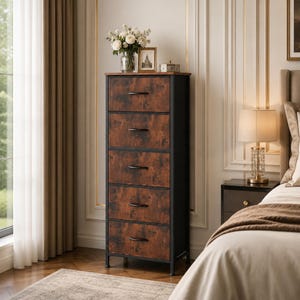 May include: A tall, narrow chest of drawers featuring five stacked drawers with a dark wood grain finish and black metal frames. Each drawer is equipped with a thin, horizontal black handle. The unit stands on four short, slender black legs.