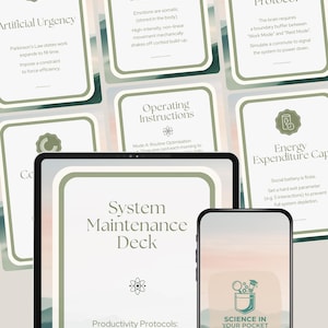May include: An image of cards and a smartphone, all with a green and white colour scheme. The cards have text such as "Artificial Urgency" and "Kinetic State Shift." The smartphone displays "Science in Your Pocket."