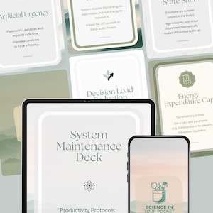 May include: A digital illustration showing a tablet and smartphone with the "System Maintenance Deck" and "Science in Your Pocket" logos. Cards with text such as "Artificial Urgency" and "Inertia Override Protocol" surround the devices.