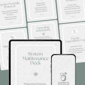 Puede incluir: Un System Maintenance Deck con protocolos de productividad para la regulación y anulación del sistema nervioso. La imagen muestra una tableta y un teléfono inteligente que muestran el título de la baraja y la frase "Science in Your Pocket". Varias cartas con texto como "Inertia Override Protocol" son visibles.