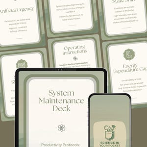 Può includere: Un tablet digitale e uno smartphone mostrano un "System Maintenance Deck" con il marchio "Productivity Protocols" e "Science in Your Pocket". L'immagine mostra anche diverse carte con testo come "Artificial Urgency" e "Inertia Override Protocol".