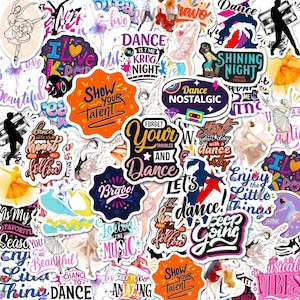 Könnte beinhalten: Eine Sammlung farbenfroher Aufkleber mit Tanzmotiven. Die Aufkleber zeigen Tänzer, Sätze wie "Show Your Talent" und "Dance Nostalgic" sowie verschiedene künstlerische Elemente. Die Farbpalette umfasst Blau-, Orange- und Lilatöne.