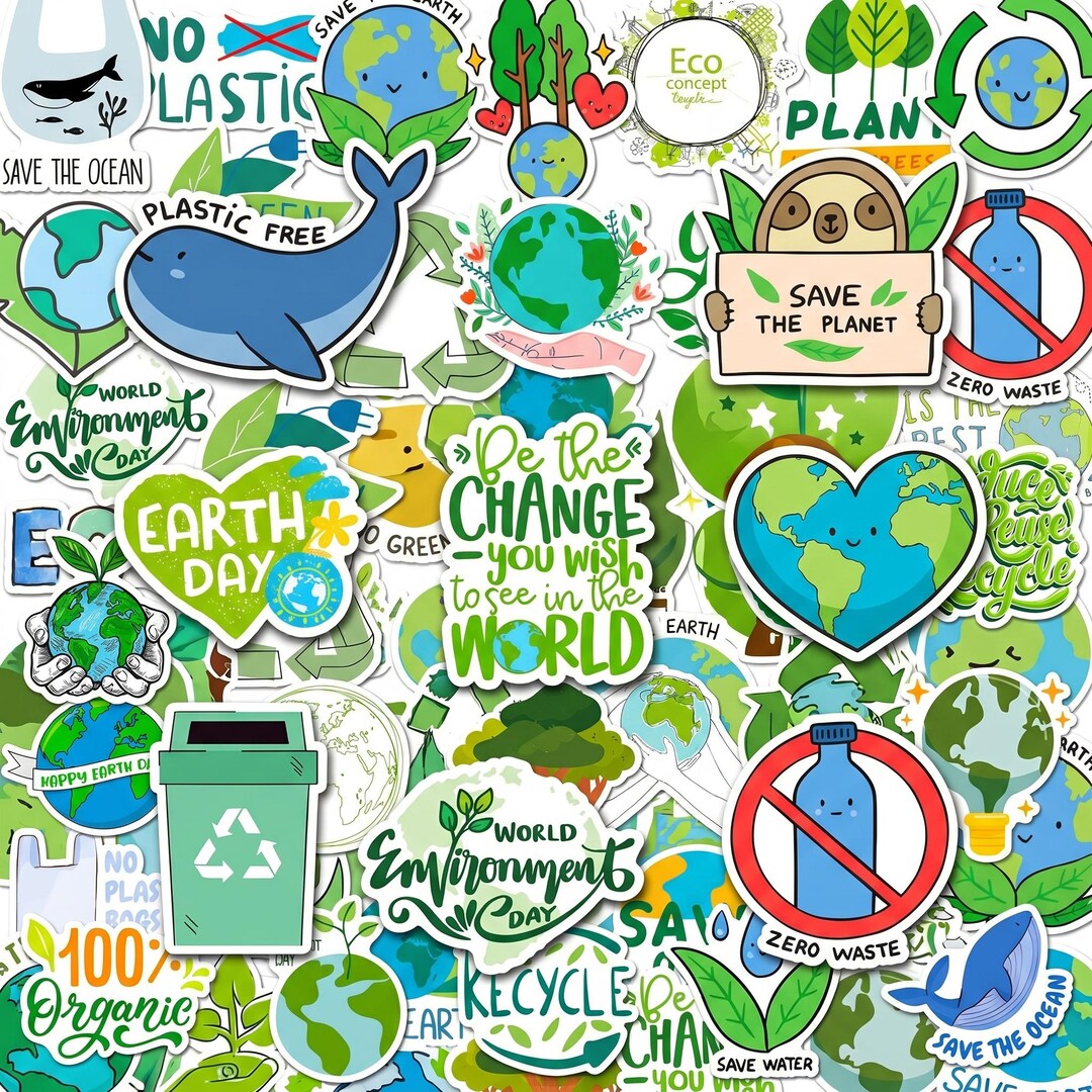 096 Full Classification Sticker 50PCS Eco Sticker Pack, Earth Day Environmental Stickers, Green ...
