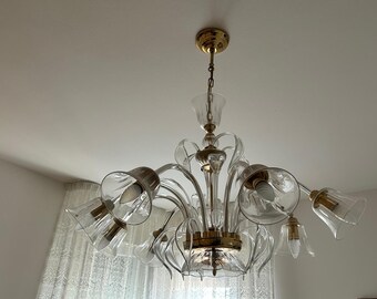 Lustre de Murano de 8 braços, tipo transparente/dourado, completo