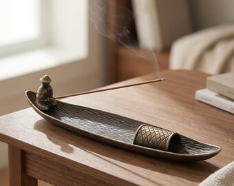 Zen Incense Stick Burner with Figurine, Boat Style Incense Holder for Meditation Decor, Spiritual Home Gift, Yoga Room Table Decoration