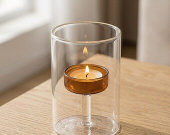 Amber & Clear Glass Tealight Candle Holder - Minimalist Table Decor - Aesthetic Home Gift - Modern Centerpiece - Cozy Night Light