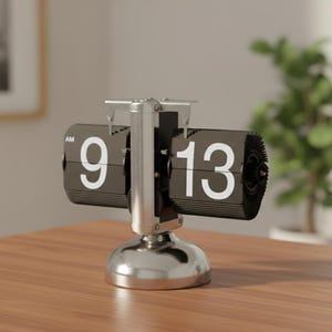 May include: A retro flip clock with a silver base and frame. The clock shows the time as 9:13 AM with large white numerals on a dark background. The clock is set on a wooden surface.