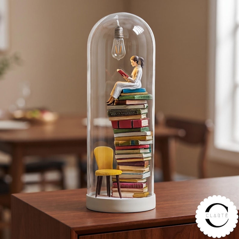 May include: A glass dome cloche containing a figurine of a person reading a book while sitting atop a tall stack of multicolored books. A small yellow chair with dark legs stands beside the stack, and a single light bulb hangs from the top.