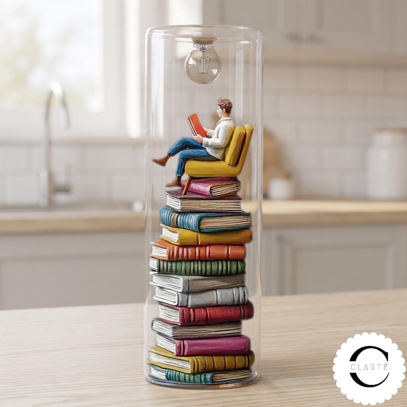 May include: A cylindrical glass lamp containing a miniature figurine of a person reading a red book while seated in a yellow chair atop a vertical stack of colorful books. A small light bulb hangs from the top interior of the clear glass cylinder.