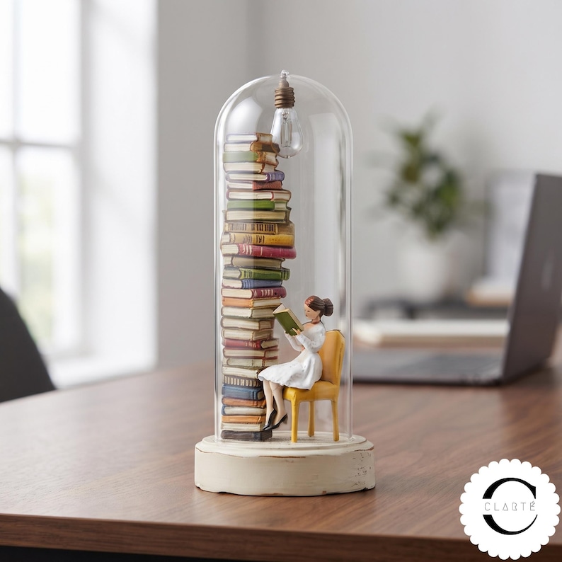 May include: A decorative glass cloche dome on a white base containing a miniature figurine of a person in a white dress sitting on a yellow chair reading a book next to a tall, vertical stack of multicolored books and a hanging light bulb.
