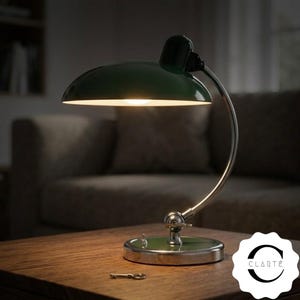 May include: A dark green desk lamp with a polished chrome curved arm and a circular base. The lamp features a wide, dome-shaped shade that directs light downward. A small metal key lies on the surface nearby. The logo CLARTÉ is visible.