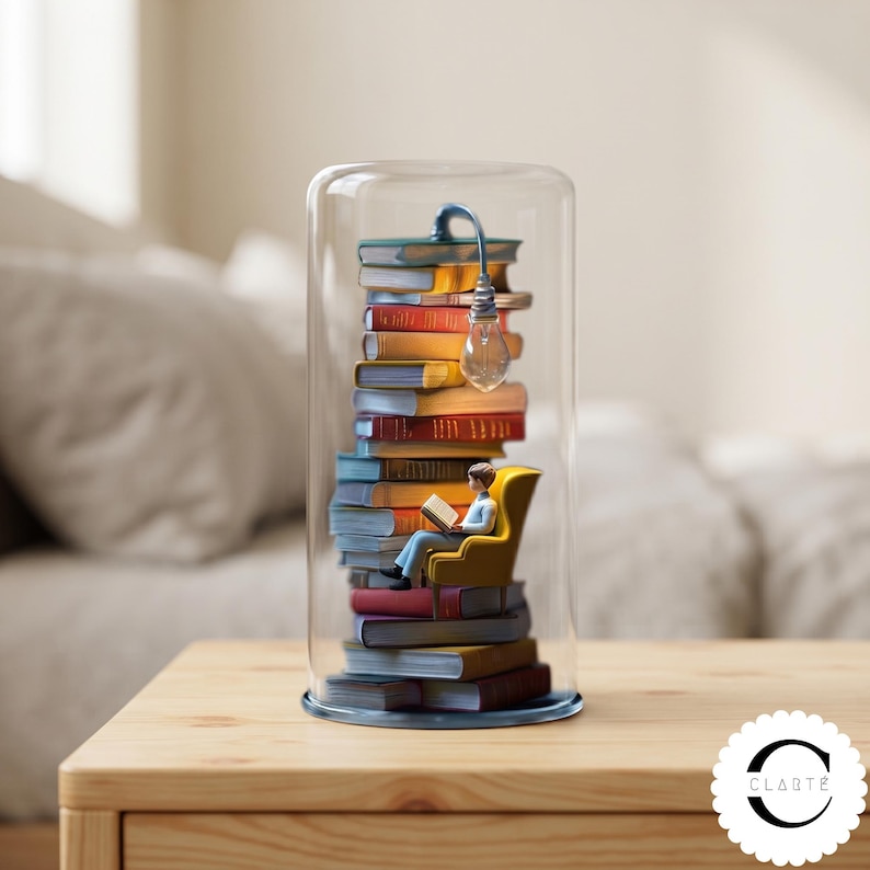May include: A glass cloche containing a stack of multicolored books and a miniature figure sitting in a yellow armchair reading a book. A small light bulb hangs from the top of the stack, illuminating the scene. The word CLART&Eacute; is visible.