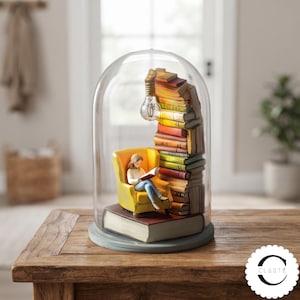 May include: A glass cloche containing a miniature scene of a person sitting in a yellow armchair reading a book, placed on a large book base. A tall stack of books stands beside the chair, topped with a hanging light bulb. The text CLART&Eacute; is visible.