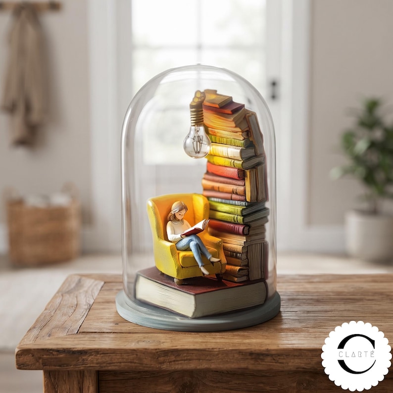 May include: A glass cloche containing a miniature scene of a person sitting in a yellow armchair reading a book, placed on a large book base. A tall stack of books stands beside the chair, topped with a hanging light bulb. The text CLART&Eacute; is visible.