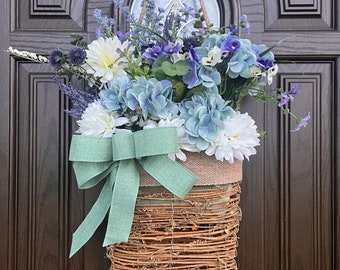 Grapevine Hanging Basket Door Hanger, Green & Purple Door Hanger Basket Wreath, Grapevine Wreath Basket, Basket Door Hanger, Spring Wreath