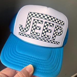 Blue Jeep Hat, Checkered Jeep, Trucker Hat Style, Blue and White Hat, Jeep Ride Hat, Summer Hat, Jeepin Trucker Hat