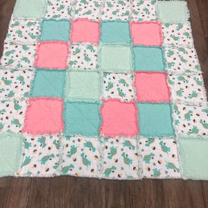 Dinosaur, Baby Girl Rag Quilt, Nursery Quilt, Baby Room, Baby Shower Gift, Pink, Mint Green, Teal, 38” x 39” Quilt