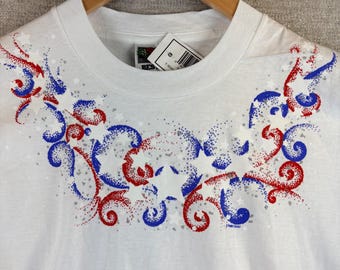 T-shirt XL vintage des années 90, étoiles patriotiques blanches, tourbillons 4 juillet Americana TNO