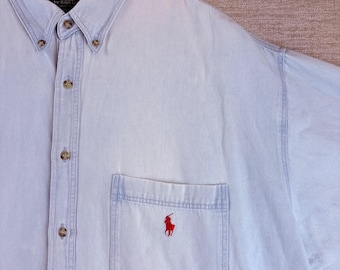 vintage Chemise boutonnée en jean Polo Ralph Lauren fabriquée aux États-Unis XXL THRASHED Y2K