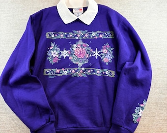 vintage Morning Sun sweat à fleurs violet col dentelle Made in USA Adulte S EUC