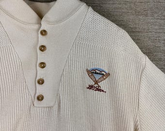 Klasyczny sweter henley z haftem i żebrowaniem L.L. Bean, męski, rozmiar L, wyprodukowany w USA, dziedzictwo