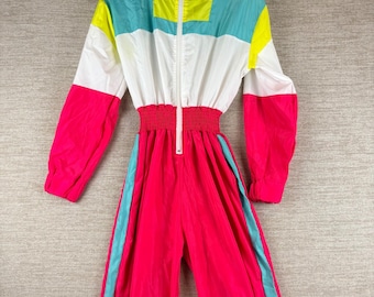Vintage Neon Colorblock Windbreaker Jumpsuit Pink Teal Retro 80er 90er Jahre Einteiler S