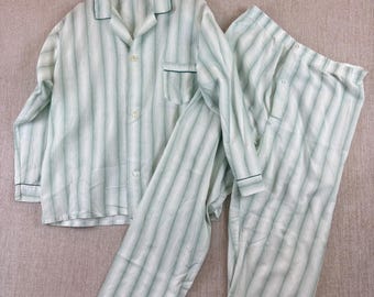 Vintage Mens Striped Pajama Set Green White Button Down Loungewear Sleepwear