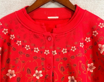 vintage Granniecore - Cardigan rouge en molleton à imprimé floral boutonné sur le devant LG