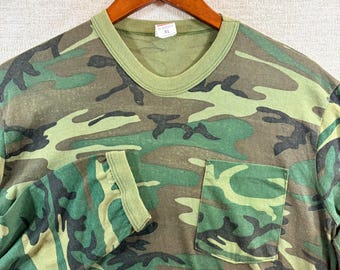T-shirt vintage camouflage avec poche pour homme XL à manches longues, camouflage des bois, fabriqué aux États-Unis