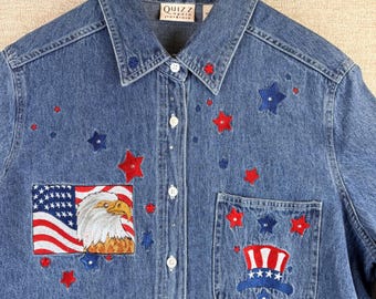 Chemise en jean brodée patriotique pour femme vintage L drapeau aigle étoiles Americana Etats-Unis