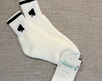 Calzini vintage anni '90 da cheerleader con megafono bianco e bordo nero, taglie 9-11, nuovi con etichette.