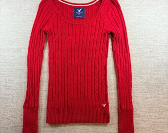 Pull en tricot torsadé rouge American Eagle Y2K - Encolure dégagée, femmes M