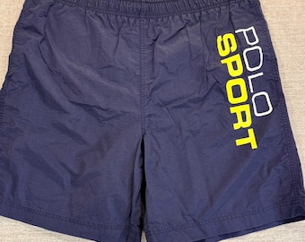 Bañador tipo bermuda para hombre VTG Polo Sport Ralph Lauren, talla XL, color azul marino y amarillo.