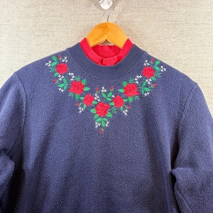 Vintage Bon Worth Navy Blue Floral Embroidered Fleece Mock Neck Sweatshirt Smal