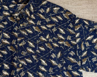 RARE vintage des années 90 Columbia Sportswear Fishing Print All Over Pattern Homme LG Shirt