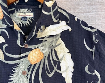 Koszula męska Vintage Tommy Bahama w kolorze czarnym, 100% jedwabiu, Pineapple Tropical Camp, rozmiar M
