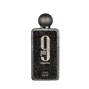 May include: A rectangular perfume bottle with a textured black surface, featuring a large white '9 pm' graphic, the text 'Night Out', and 'AFNAN extrait de parfum 100ml 3.4fl.oz' printed on the front. It has a round, dark gray textured cap.
