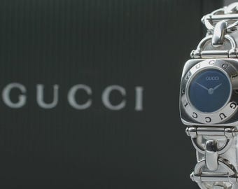 Near MINT in Box paper] Gucci Horsebit 6400L Black Silver Quartz Ladies Watch