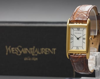 Near MINT in Box] Yves Saint Laurent 4625-E68176 Gold Roman Tank Quartz Watch