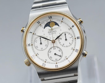 Near MINT] SEIKO Moon Phase Chronograph 7A48-7000 Roman Dial Quartz Men's JAPAN