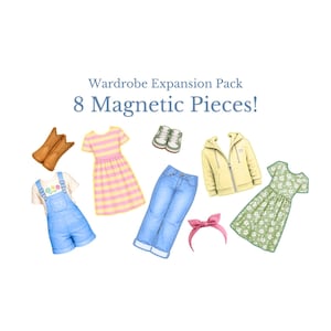 May include: A Wardrobe Expansion Pack with 8 Magnetic Pieces including brown boots, a pink and yellow striped dress, green sneakers, blue denim overalls, blue jeans, a yellow hooded jacket, a pink headband, and a green floral dress.