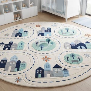 Round Kids Play Rug, Blue Town Road Map Carpet, Handmade Tufted Nursery Rug, Cream Children’s Room Carpet, Playroom Area Rug
